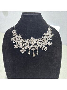 Crystal Floral Statement Necklace With Teardrop Pendants Silver-Tone Metal